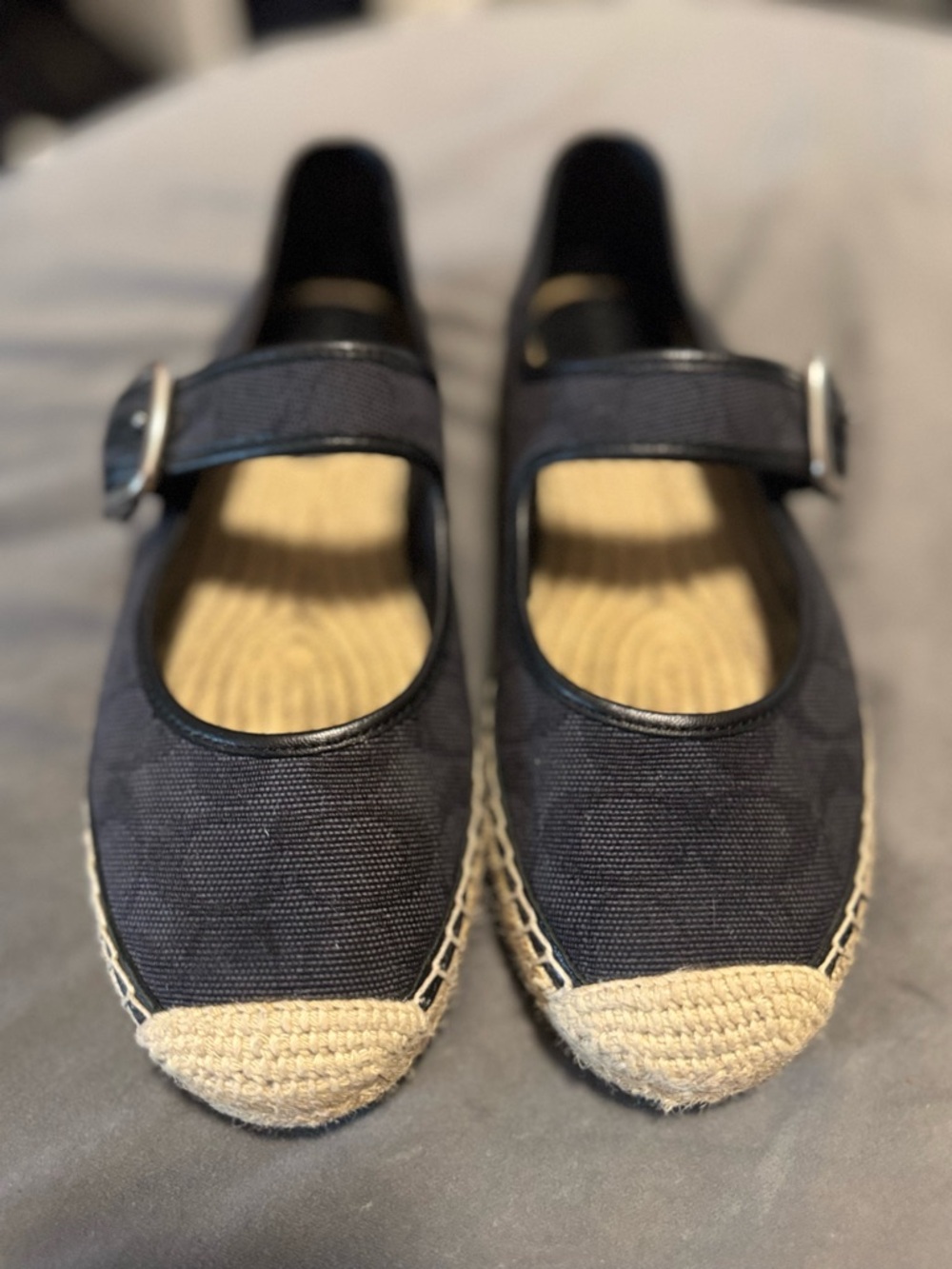 Coach- Coach Black Canvas Mary Jane Espadrilles with Natural Toe Cap